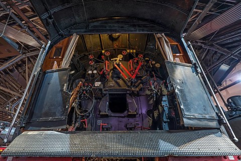 Driver's cab of a steam locomotive in the Ringlokschuppen, German Steam Locomotive Museum,