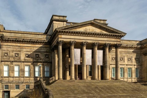 Portico entrance neoclassical architecture of World Museum, building, city centre of Liverpool,