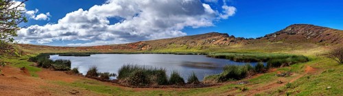 Panorama of a tranquil lake surrounded by hills and clouds in the blue sky, The landscape of Easter