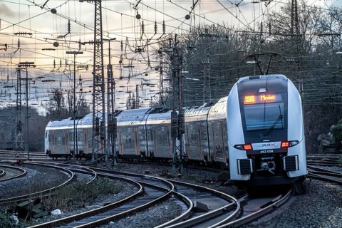 RRX train, RE 6 on the way to Minden leaves Essen main station, Essen, North Rhine-Westphalia,