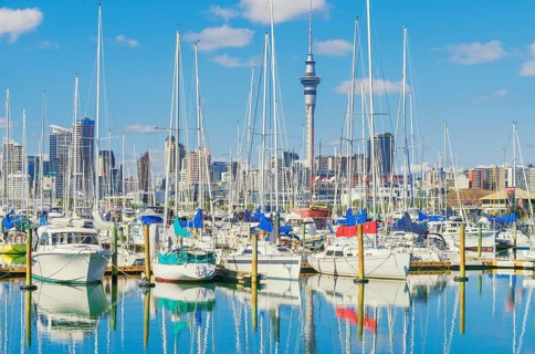 View of Auckland skyline from Westhaven Marina, Auckland, North Island, New Zealand