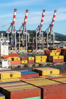 Stacked metal box shipping containers and gantry cranes on dock, MSC Renaissance III cargo ship