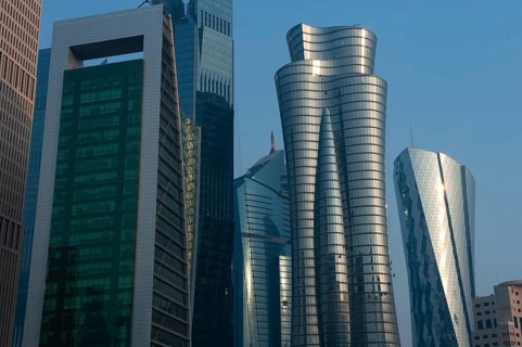 Doha, Qatar. September 20th 2019 Modern glass fronted skyscrapers and office towers line the Doha