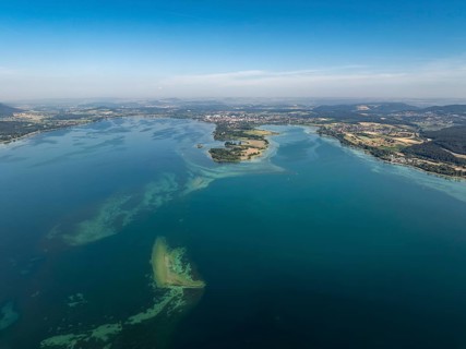 Aerial view of western Lake Constance, Untersee with the Mettnau peninsula, behind it the town of