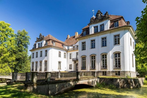 Park side of Lindenau Castle, Ortrand, Brandenburg, Germany