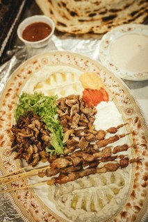 Shawarma, kebabs, hummus, muttabal, baba ghanoush, chutney, camel restaurant, Ittin Park, Salalah,