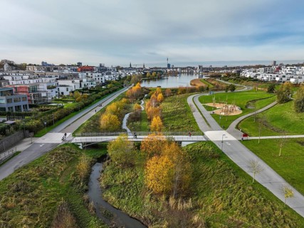 Dortmund, North Rhine-Westphalia, Germany, Phoenix Lake, front of the renaturalised Emscher. The