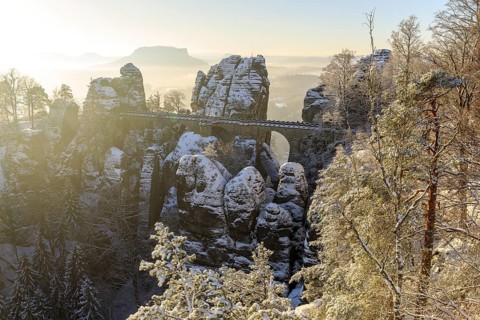 Bastei bridge on a winter morning, in the background the Lilienstein, Saxon Switzerland, Saxony,