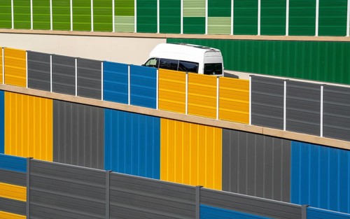 Colourful noise barriers on the A52 motorway, at the Essen-Rüttenscheid junction, the noise