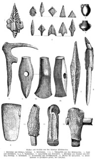 Weapons and tools from prehistoric pile dwellings, arrows and arrowheads, clay pots, hammers, hoes,