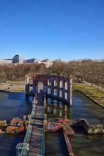 Park, trees, pond, lawn, artificial ruin, general architecture, blue sky, cloudless, Bürgerpark