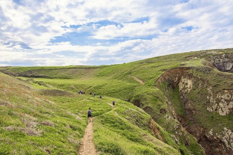 People hiking on a path in a beautiful coastal area at a rolling landscape in the summer, Crozon