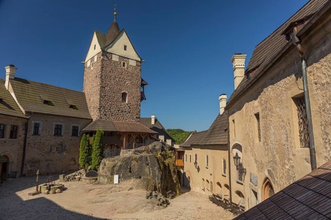 Loket castle, inner ward on a sunny day. The castle is located in Loket, Czech Republic. It is a