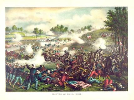 A chromolithograph of the First Battle of Bull Run, also known as the First Battle of Manassas,