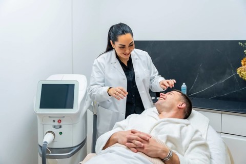 Female cosmetologist in a white lab coat preparing a cheerful male client in a bathrobe for an