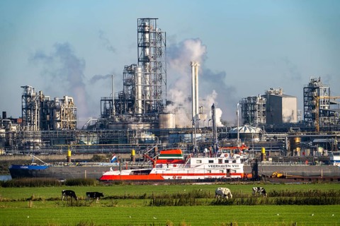 Cargo ship on the Rhine near Emmerich, Kao Chemicals backdrop, specialising in surfactants, KLK,