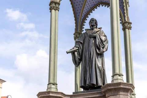 Monument to Philipp Melanchthon on the market square in front of the town hall, Luther city