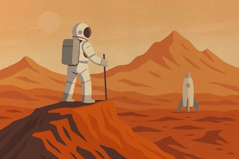 An astronaut in a spacesuit stands on the Martian surface, gazing at a distant rocket amidst the