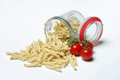 Strozzapreti, Italian pasta in glass containers, Italy