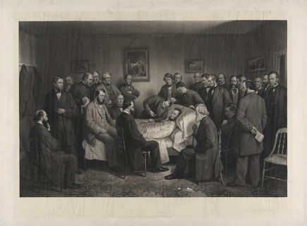 Death scene of US President Abraham Lincoln on April 15, 1865, showing the dying president with his
