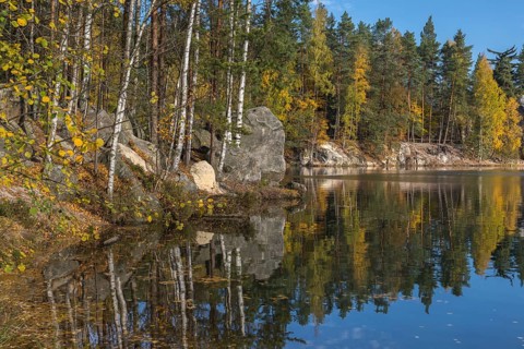 Adršpašské pond, lakeshore with trees and rocks on a sunny day in autumn, Dolní Adršpach, 549 57