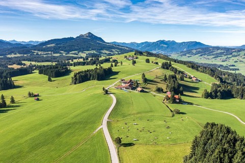 Aerial view of rural road in meadows, farm Binzeler, mountain Grünten in the back, Allgäu, Germany