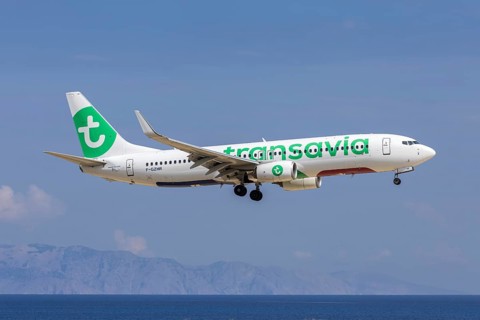 A Transavia France Boeing 737-800 aircraft with the license plate F-GZHR at Rhodes airport, Greece
