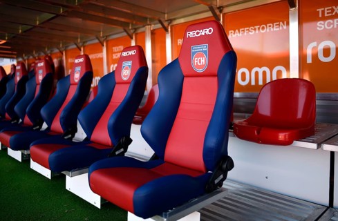 bench, bench, empty, logo, Recaro, seats, Voith-Arena, Heidenheim, Baden-Württemberg, Germany