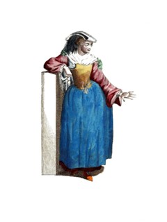 Historical clothing, fashion over time, traditional costume of a woman from Frascati in Italy, 18th