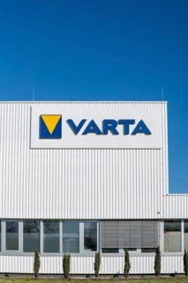 Company logo on an industrial building owned by battery manufacturer Varta, site in Nördlingen,
