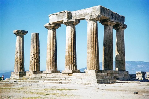 Doric columns of the Temple of Apollo, archaeological site of Ancient Corinth, Greece, Europe 1972