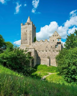 The ruins of Rudelsburg Castle in the Saale Valley, near Bad Kösen, Naumburg, Saxony-Anhalt,