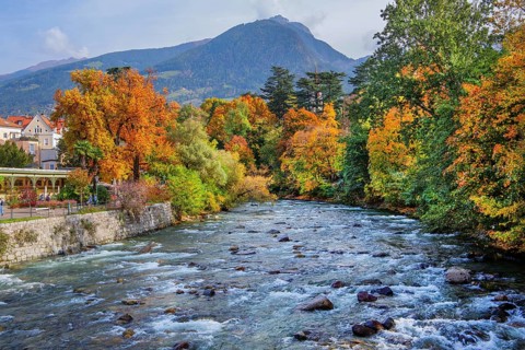 River Passer with riverside promenade in the spa area in autumn, Merano, Burggrafenamt, Adige