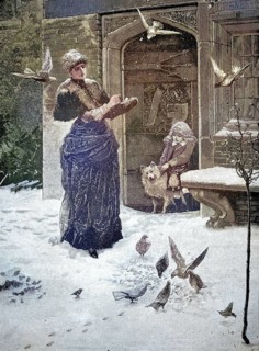 An elegantly dressed woman in winter wardrobe stands in freshly fallen snow. From a bowl in her