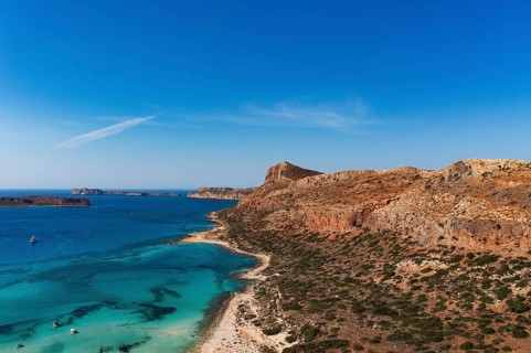 Drone shot, Gramvousa peninsula with view to the beach and bay of Balos, Kolimbari, West Crete,