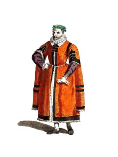 Historical clothing, fashion over time, traditional costume of a wealthy merchant in London in