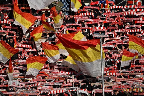Fan block, fans, fan curve, flags, flags, atmosphere, atmospheric 1. FC Union Berlin FCU, PreZero