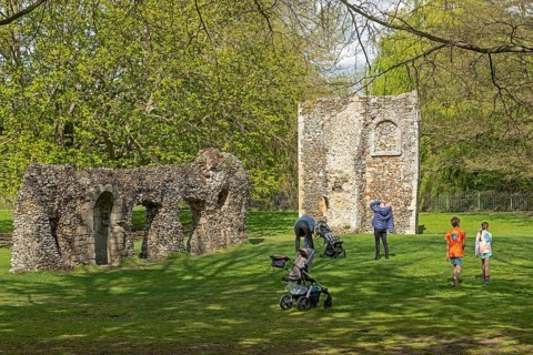 Ruins, The Dovecote Tower, St Edmund's Abbey, Bury St Edmunds, West Suffolk, England, Great Britain