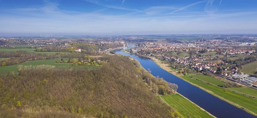 Aerial view of the Elbe in the Saxon Elbland south of Meißen with city view, Meißen, Saxony,