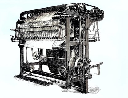 Finishing machine, Gassengmaschine, coloured wood engraving, reproduction of a model from ca 1888,