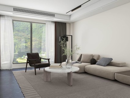 Elegant modern living room featuring a large window with a scenic view. The room is decorated with