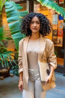 Vertical photo of a casual beauty businesswoman with curly hair standing holding a laptop outside a
