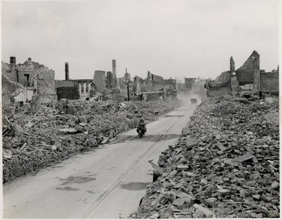 Emmerich, ruins, destroyed city, rubble desert, end of war, Second World War, A motorcyclist drives