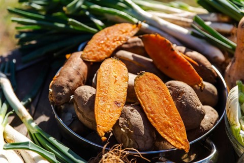 Freshly harvested calsots and sweet potatoes ready for grilling in a traditional calsotada,