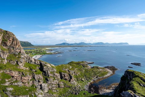 View of coastal landscape and sea, hike to the summit of Måtind, Andøya Island, Vesterålen,