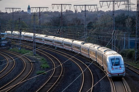 ICE train on the tracks, railway layout, railway line west of the main station of Essen, North