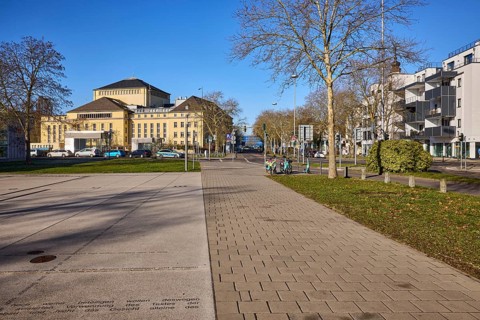 Saarland State Theatre, general architecture, pavement, pavement of concrete paving stones, trees,