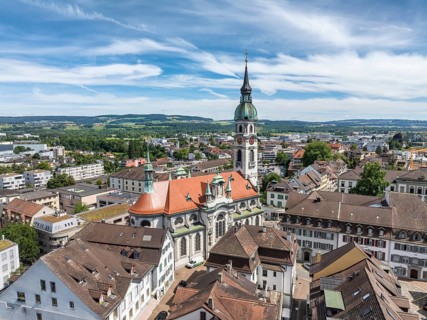 Aerial view, townscape, town centre, old town of Frauenfeld, with the town church of St. Nicholas,