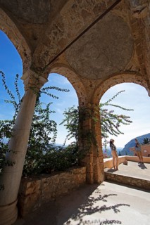 Arcades in the Pantanassa nunnery, Byzantine ruined city of Mystras or Mistra on the Taygetos
