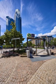 Deutsche Bank Tower and Taunusanlage underground station in Frankfurt am Main, district-free city,